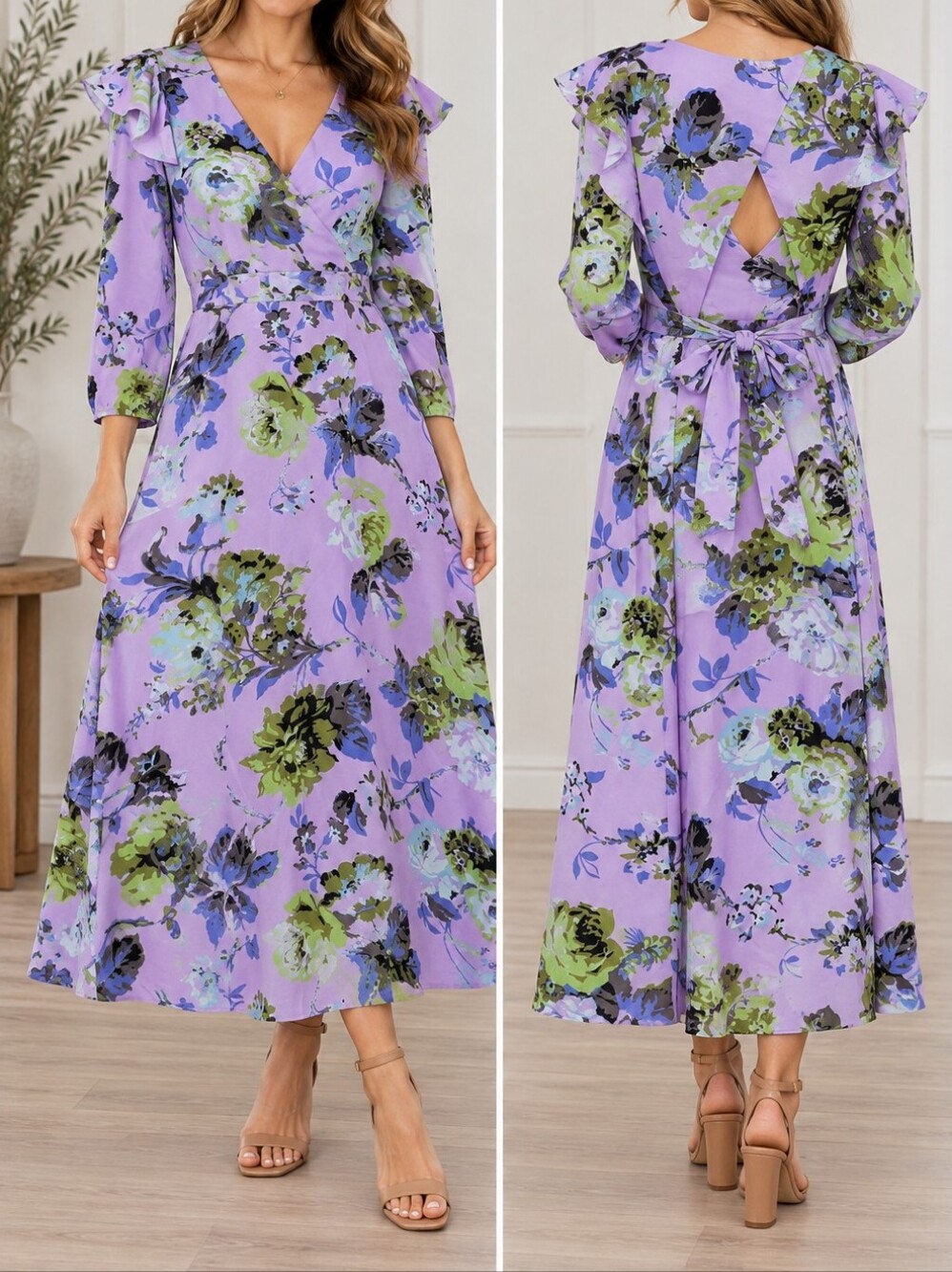 ASOS DESIGN: Lilac Floral V-Neck Ruffle Shoulder Midi Dress - Size 8
